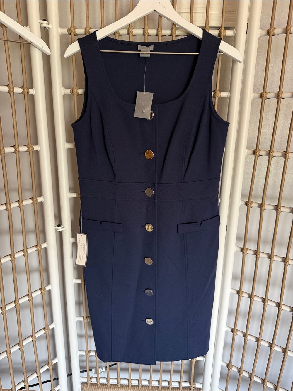Ann Taylor Navy Button-Front Midi Sheath Dress